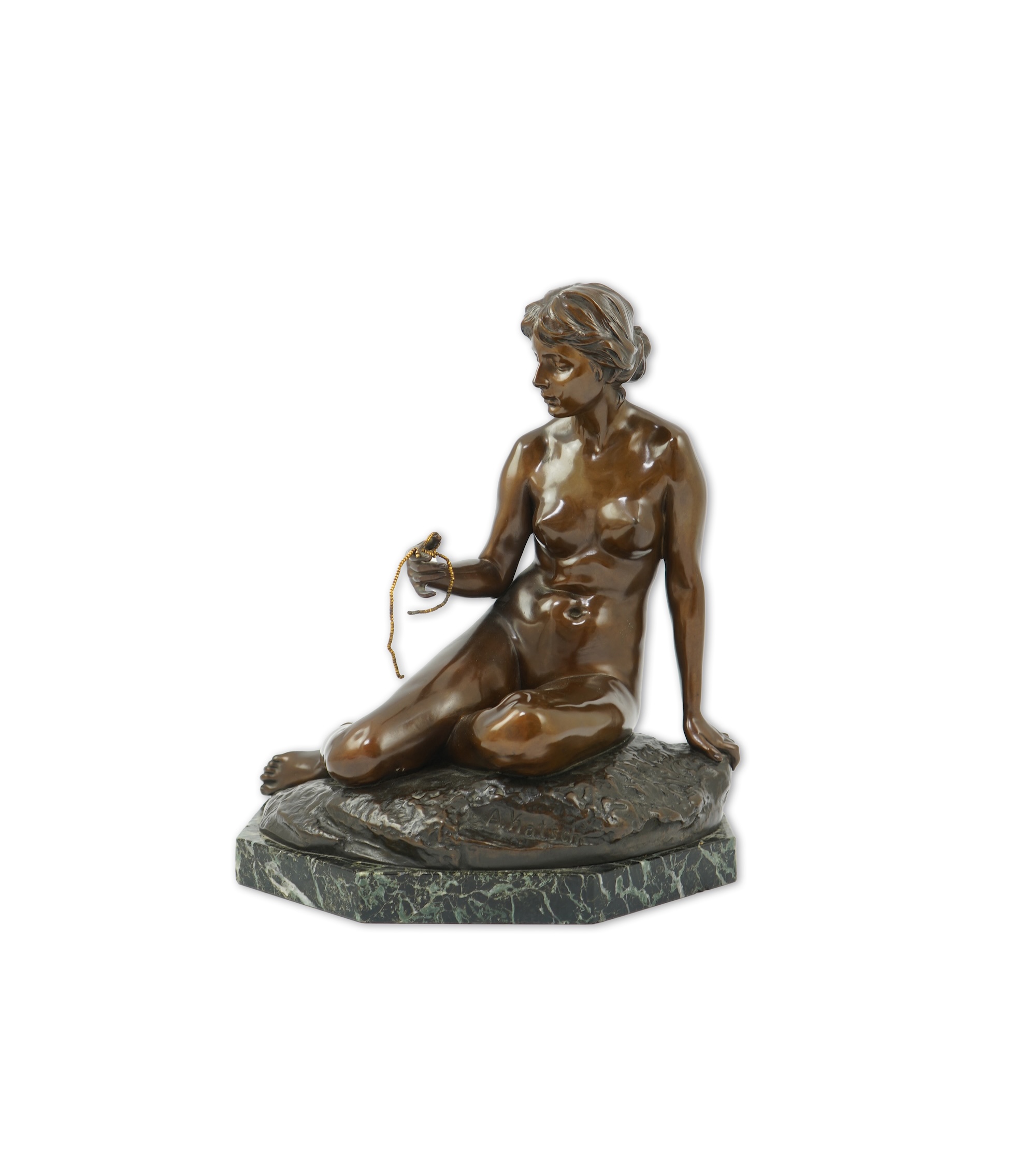 After Arnold Katsch (German, b.1861), an Art Nouveau bronze figure of Psyche, with foundry mark to reverse ‘Gladenbeks Bronceciesserei’, on serpentine marble base, missing butterfly from hand, 34cm